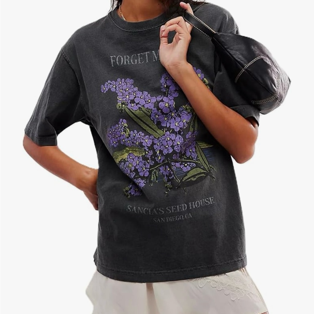Graphic Tee with Purple Floral Design